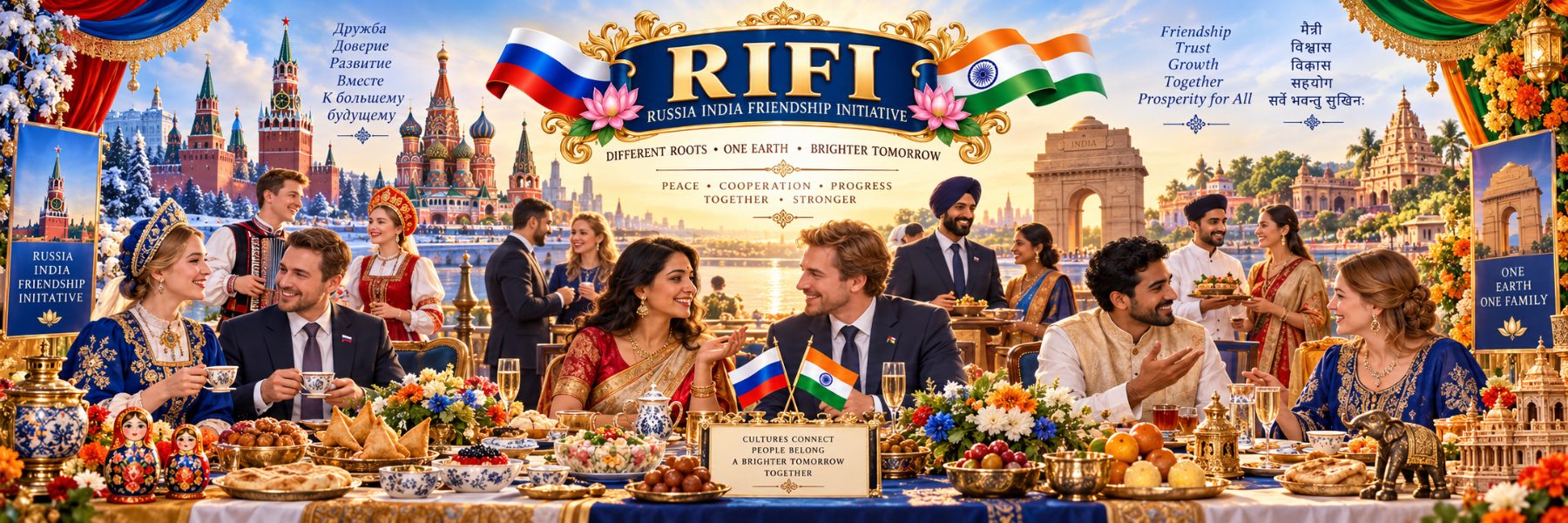 Russian and Indian business people sharing a table, with the Kremlin and India Gate behind them, under the RIFI banner