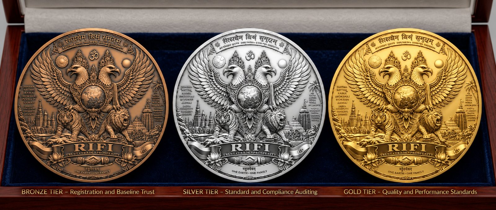 The three RIFI Mark tiers as medals in a presentation case: bronze, silver and gold