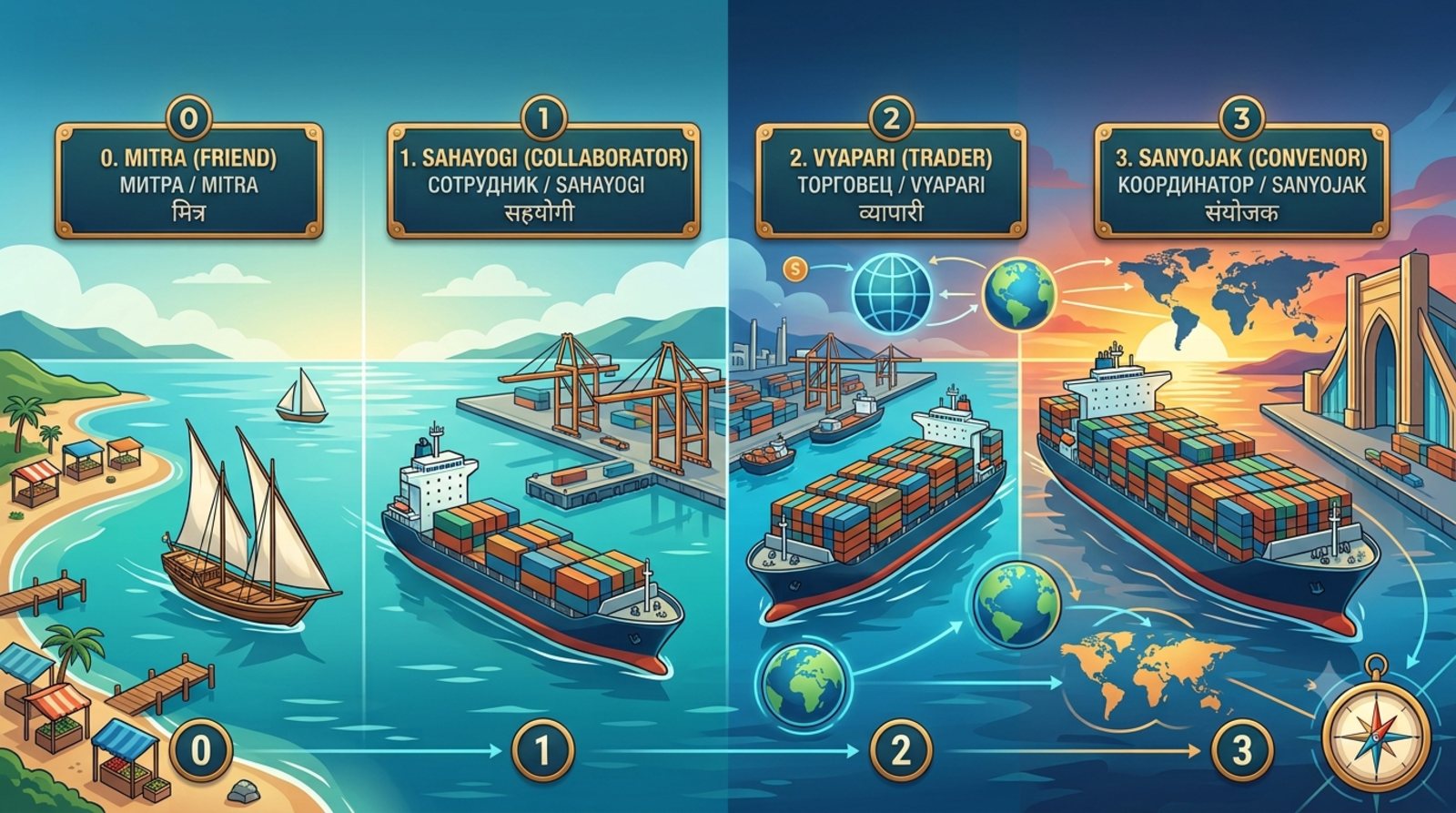 Illustrated journey through the membership tiers, from a small sailing boat at Mitra to a large container ship at Sanyojak